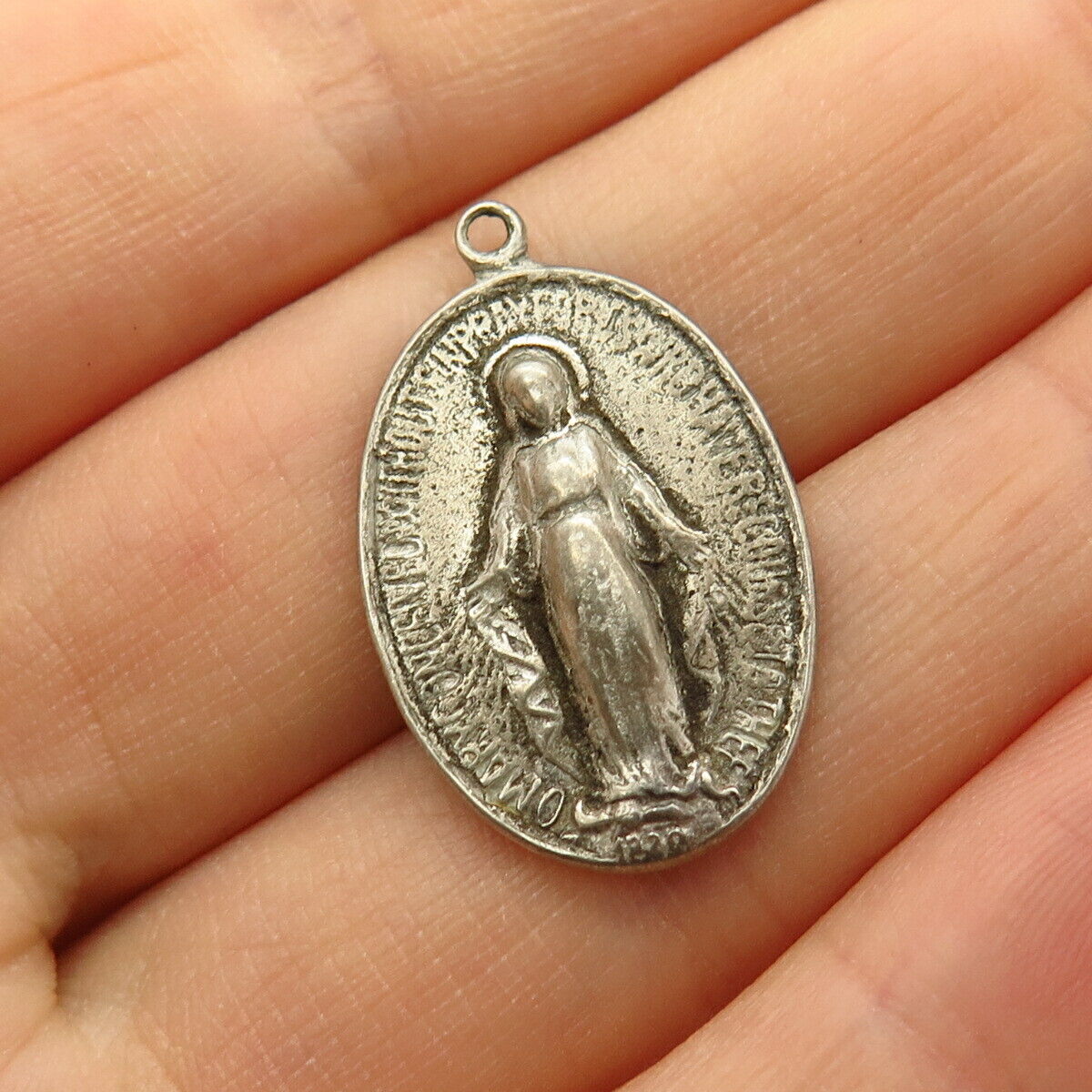 925 Sterling Silver Vintage St. Mary Miraculous Medal Religious Pendant