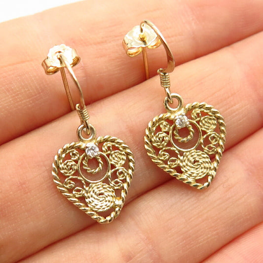 925 Sterling Silver Gold Plated C Z Ornate Heart Design Dangling Earrings