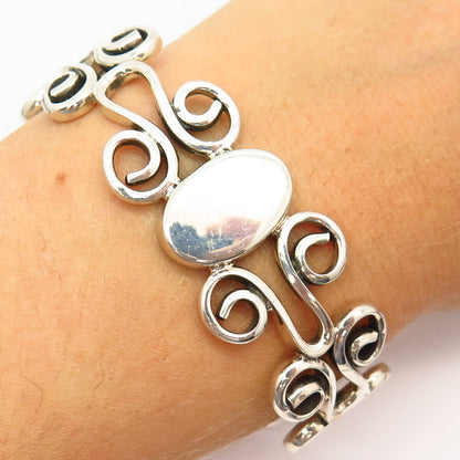 925 Sterling Silver Mexico Swirl Design Wide Cuff Bracelet 6 3/4"