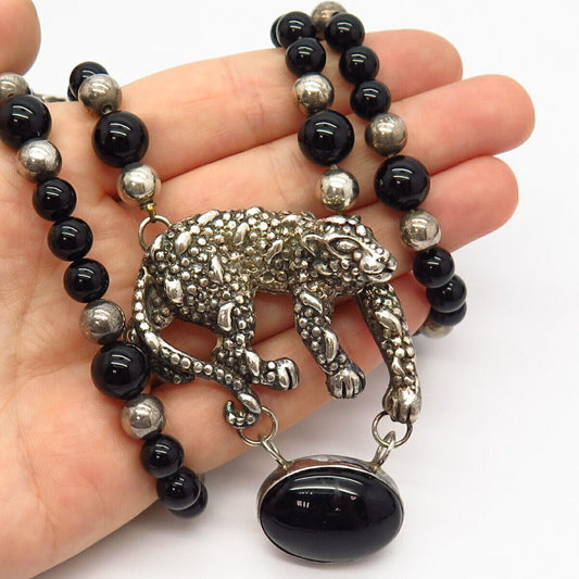 925 Sterling Vintage Black Onyx Gem Crawling Cheetah Bead Chain Necklace 21"