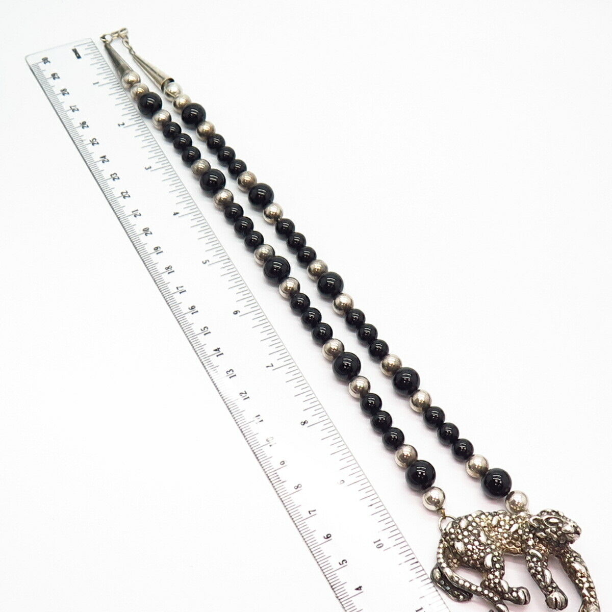 925 Sterling Vintage Black Onyx Gem Crawling Cheetah Bead Chain Necklace 21"