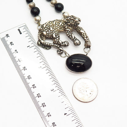 925 Sterling Vintage Black Onyx Gem Crawling Cheetah Bead Chain Necklace 21"