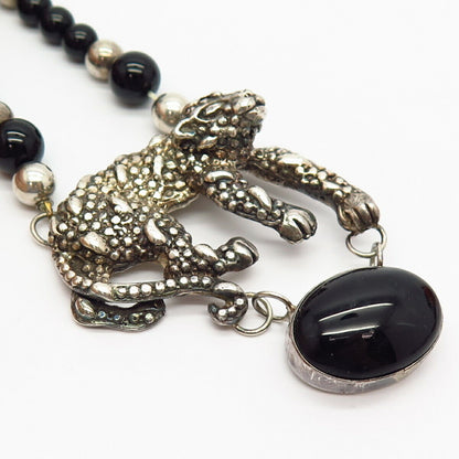 925 Sterling Vintage Black Onyx Gem Crawling Cheetah Bead Chain Necklace 21"