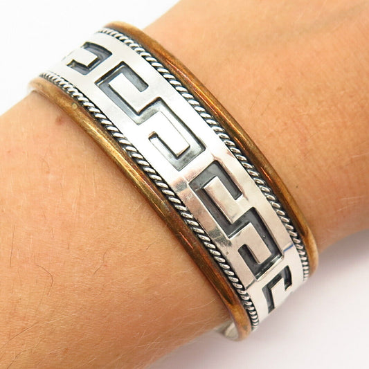 925 Sterling Silver 2-Tone Greek Maze Design Wide Cuff Bracelet 6 3/4"