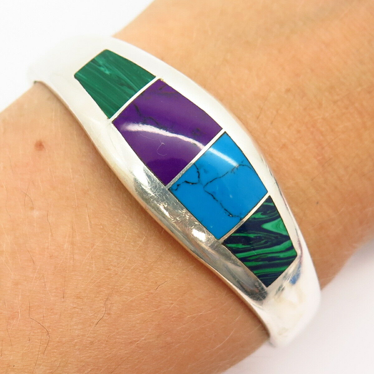 925 Sterling Silver Mexico Multi-Color Gem Hinged Bangle Bracelet 7"