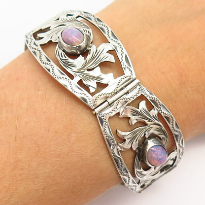 925 Sterling Silver Mexico Opal Gem Cutout Floral Panel Link Bracelet 6 3/4"