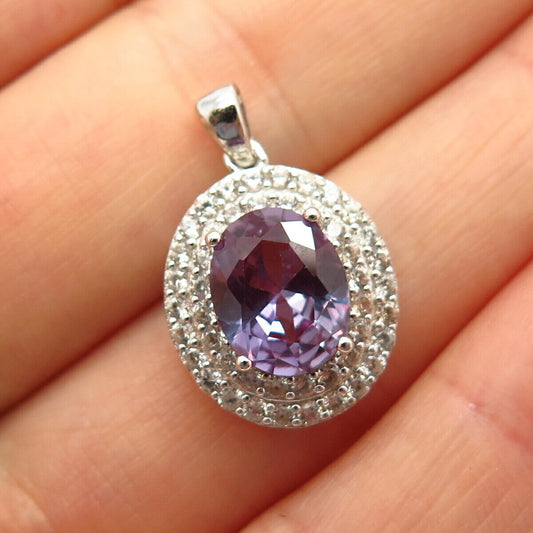 925 Sterling Silver White & Amethyst-Tone C Z Oval Small Pendant