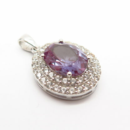 925 Sterling Silver White & Amethyst-Tone C Z Oval Small Pendant