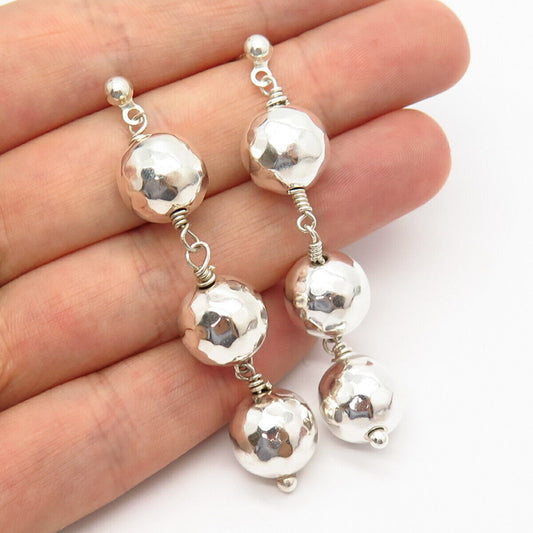 925 Sterling Silver Hammerd Finish Triple Balls Design Dangling Earrings