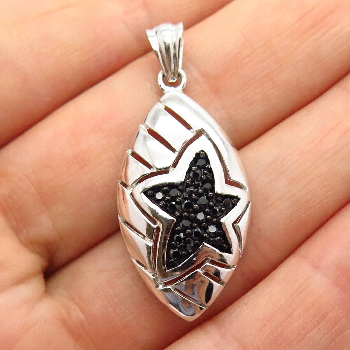 925 Sterling Silver Black C Z Ornate Star Design Oval Pendant