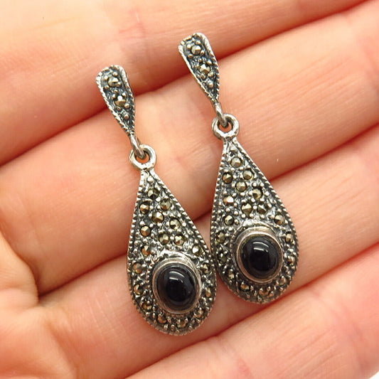 925 Sterling Silver Real Black Onyx & Marcasite Gem Art-Deco-Style Drop Earrings