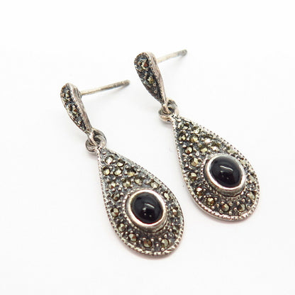 925 Sterling Silver Real Black Onyx & Marcasite Gem Art-Deco-Style Drop Earrings