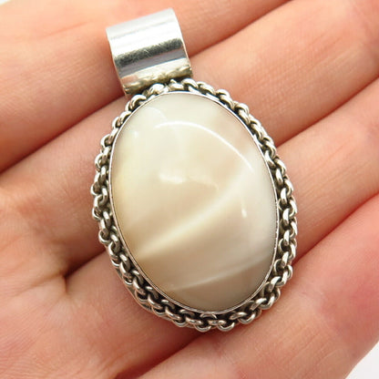 925 Sterling Silver Vintage Mexico Real Mother-Of-Pearl Oval Slide Pendant