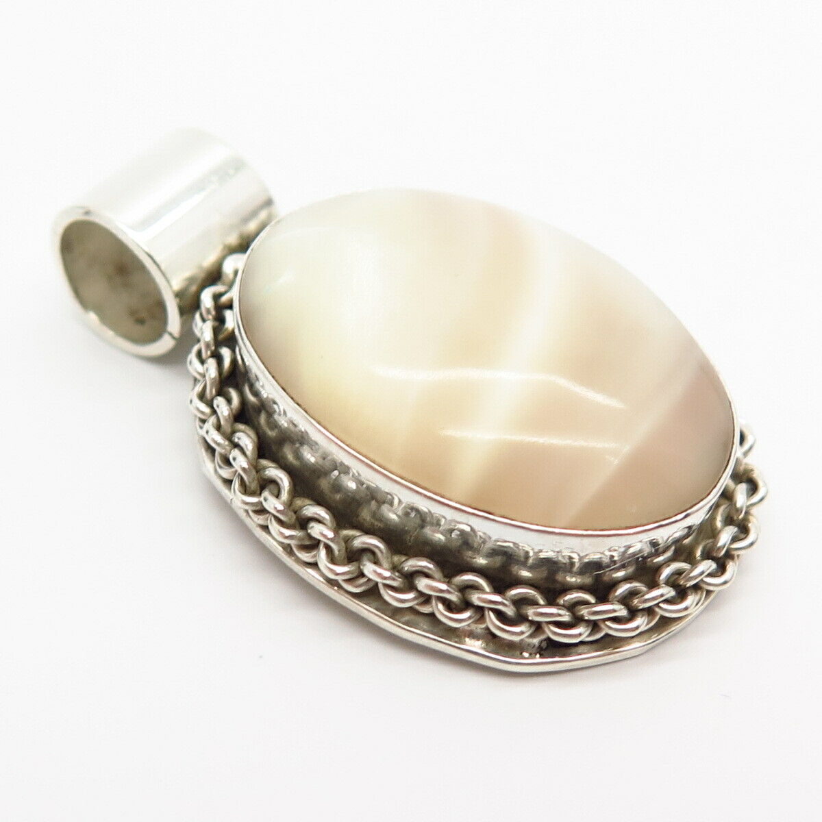 925 Sterling Silver Vintage Mexico Real Mother-Of-Pearl Oval Slide Pendant