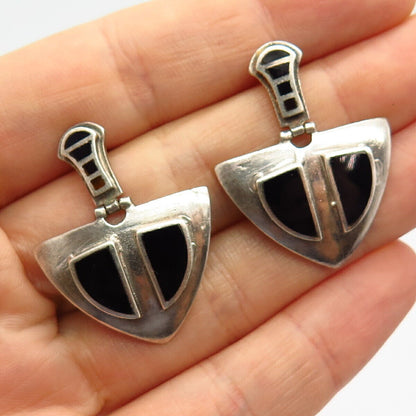 925 Sterling Silver Real Black Onyx Gem Modernist Design Earrings