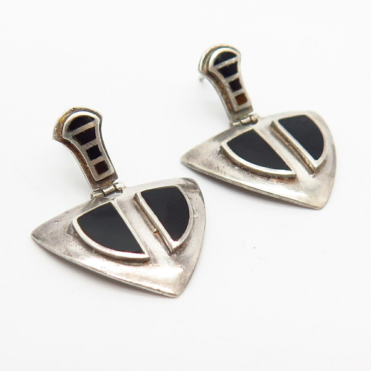 925 Sterling Silver Real Black Onyx Gem Modernist Design Earrings