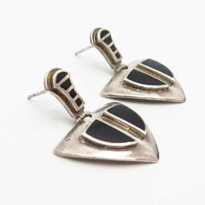 925 Sterling Silver Real Black Onyx Gem Modernist Design Earrings