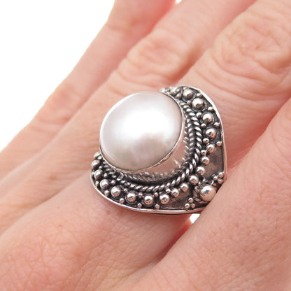 925 Sterling Silver Vintage Real Pearl Modernist Beaded Oxidized Ring Size 9.25