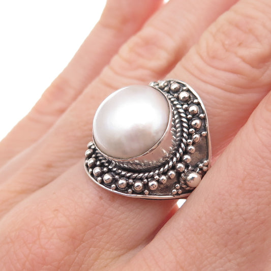 925 Sterling Silver Vintage Real Pearl Modernist Beaded Oxidized Ring Size 9.25