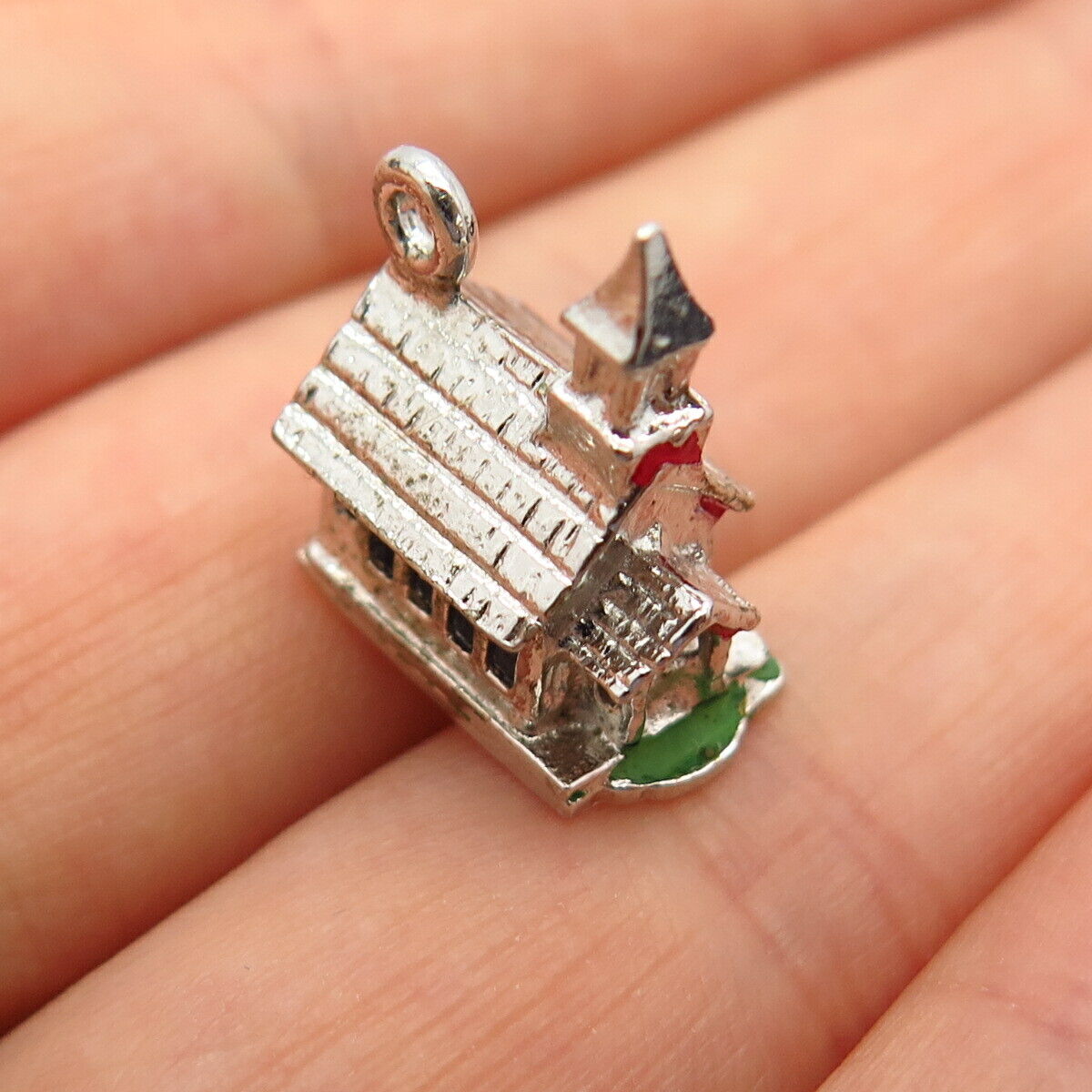 925 Sterling Silver Vintage Enamel Old Church Design Charm Pendant