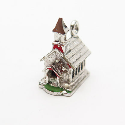 925 Sterling Silver Vintage Enamel Old Church Design Charm Pendant