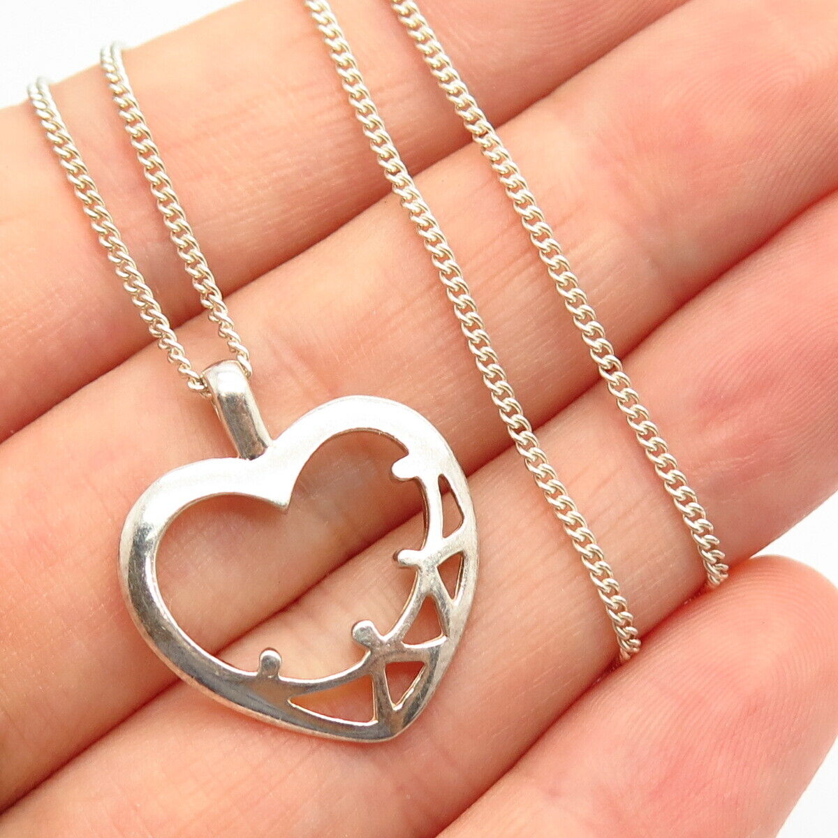 925 Sterling Silver Open Heart Pendant Cable Chain Necklace 15"