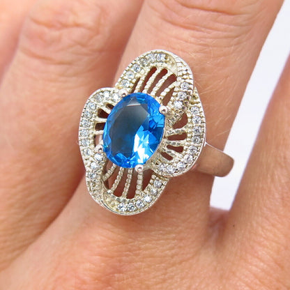 925 Sterling Silver White & Blue Topaz-Tone C Z Floral Design Ring Size 7 1/4