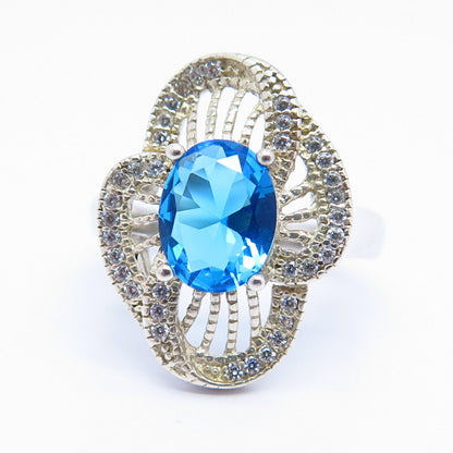 925 Sterling Silver White & Blue Topaz-Tone C Z Floral Design Ring Size 7 1/4