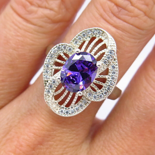 925 Sterling Silver White & Amethyst-Tone C Z Floral Design Ring Size 6 3/4