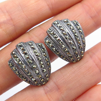 925 Sterling Silver Real Marcasite Gem Shell Design Clip On Earrings