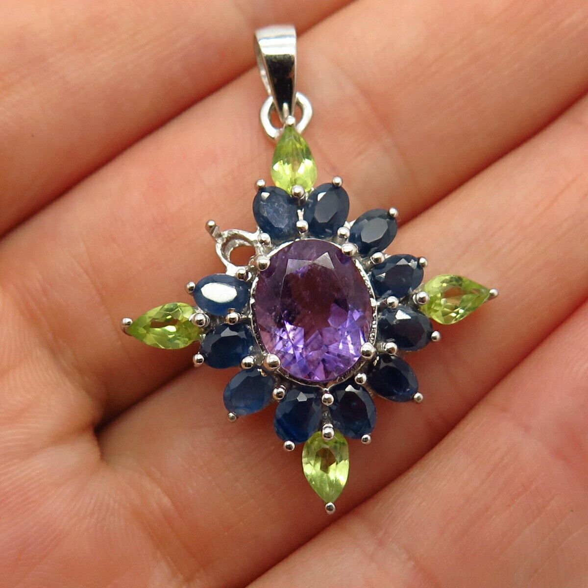 925 Sterling Silver Real Amethyst Sapphire & Peridot Gem Floral Pendant