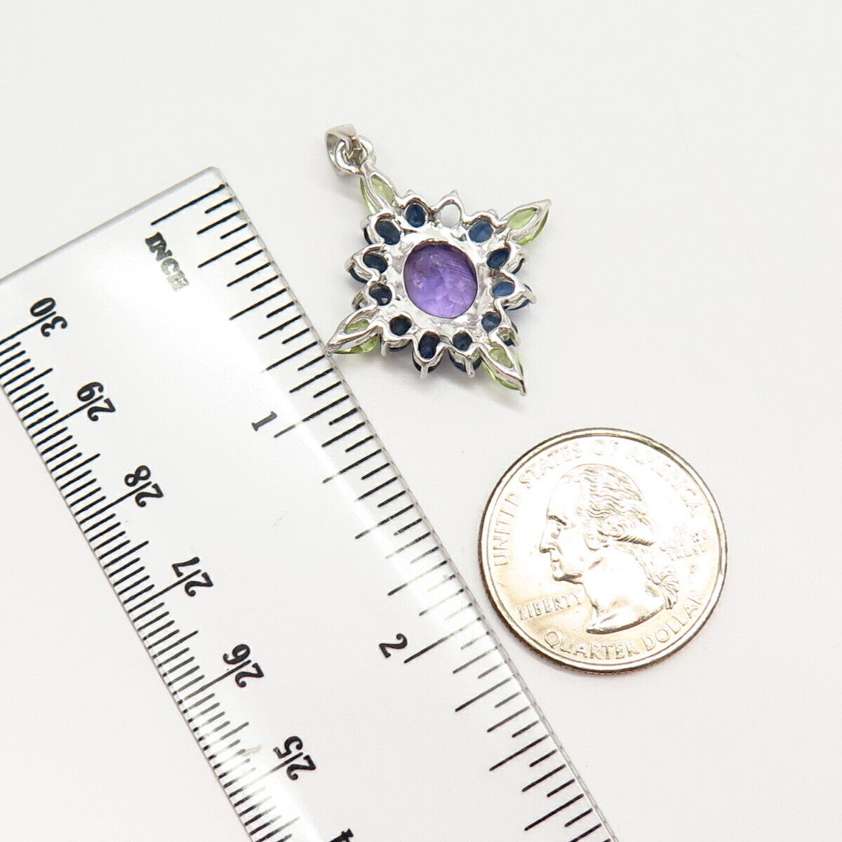 925 Sterling Silver Real Amethyst Sapphire & Peridot Gem Floral Pendant