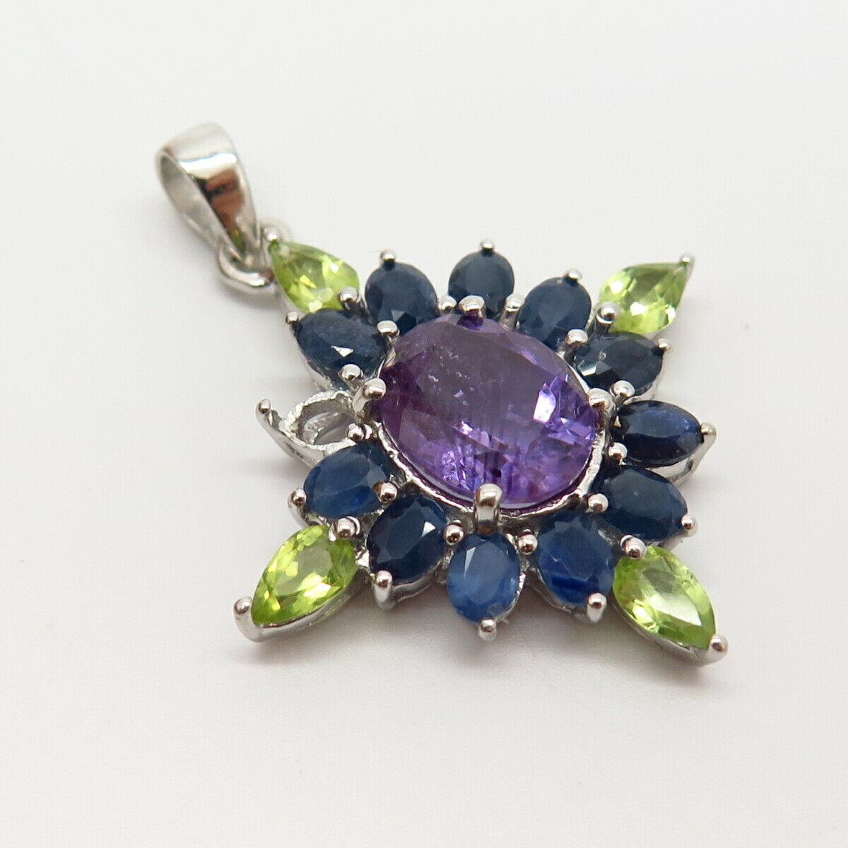 925 Sterling Silver Real Amethyst Sapphire & Peridot Gem Floral Pendant