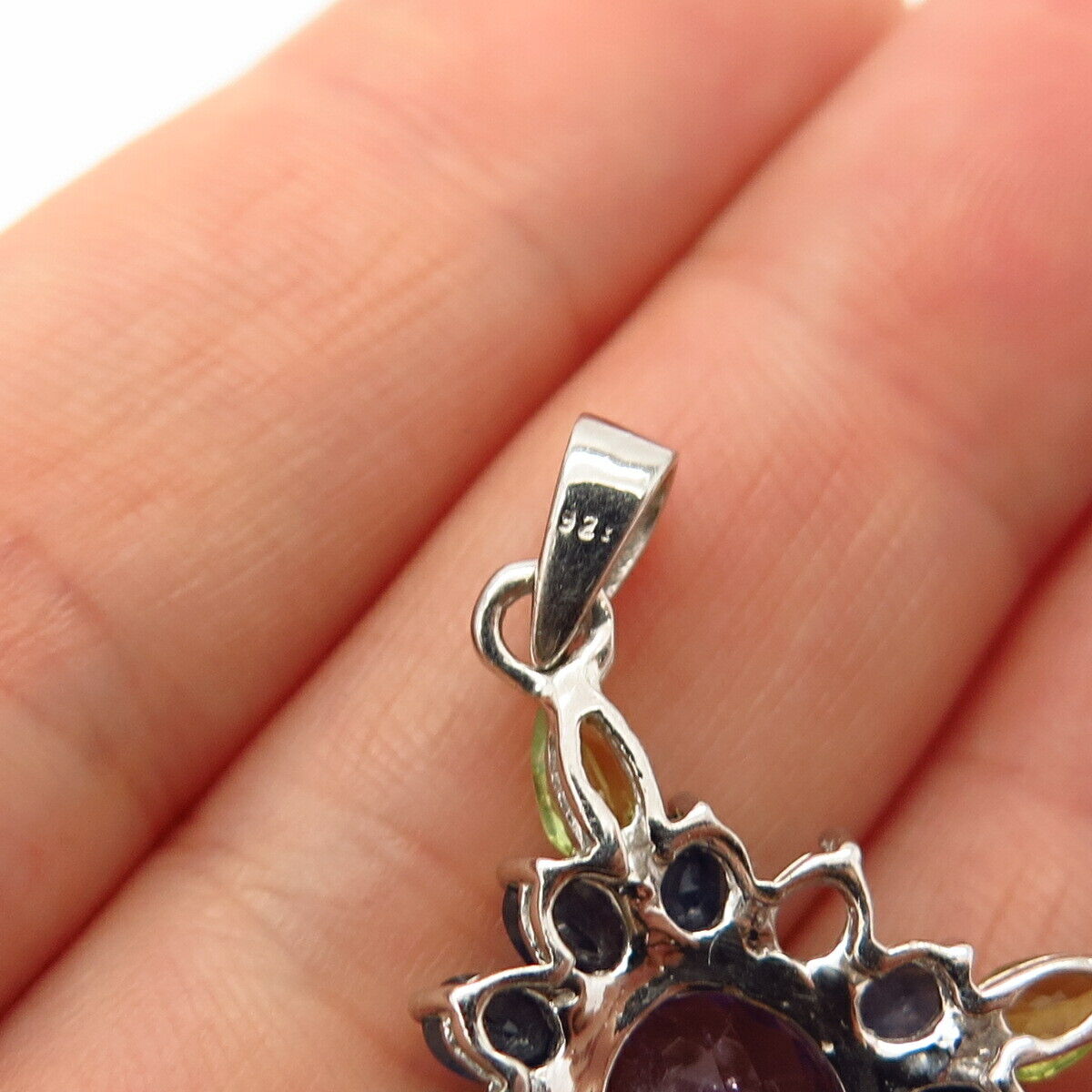 925 Sterling Silver Real Amethyst Sapphire & Peridot Gem Floral Pendant