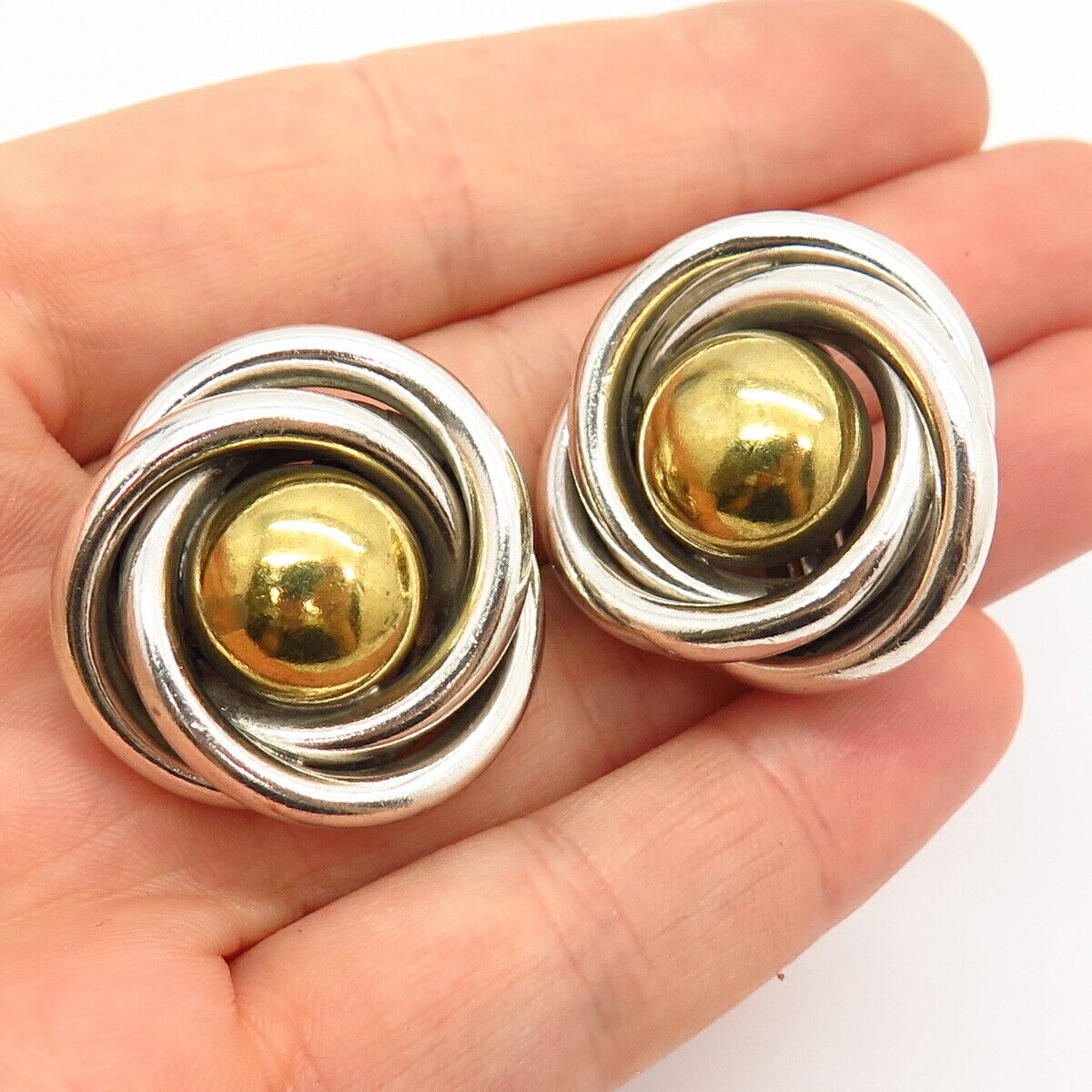 925 Sterling Silver 2-Tone Vintage Mexico Nest Design Clip On Earrings