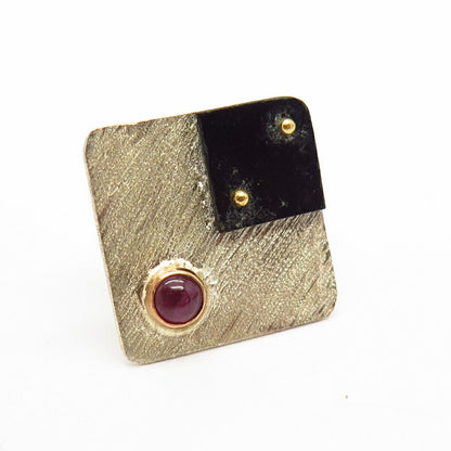 925 Sterling Silver 2-Tone Victor Alfaro Real Ruby Gem & Shell Square Pin