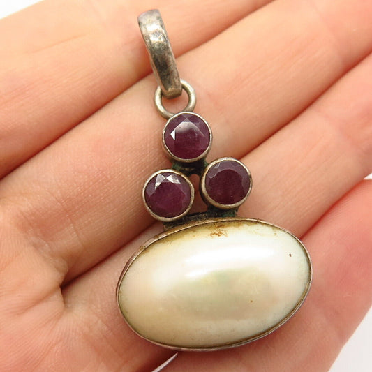 925 Sterling Silver Real Amethyst Gem & Mother-Of-Pearl Pendant