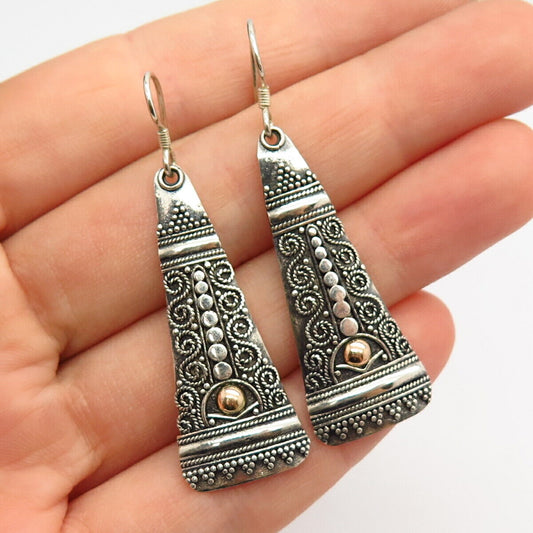 925 Sterling Silver 2-Tone Swirl & Granulated Design Dangling Earrings