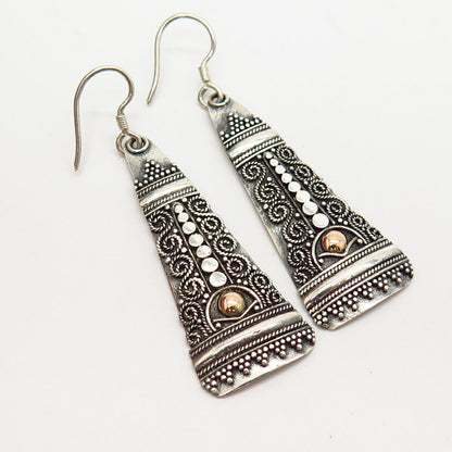 925 Sterling Silver 2-Tone Swirl & Granulated Design Dangling Earrings