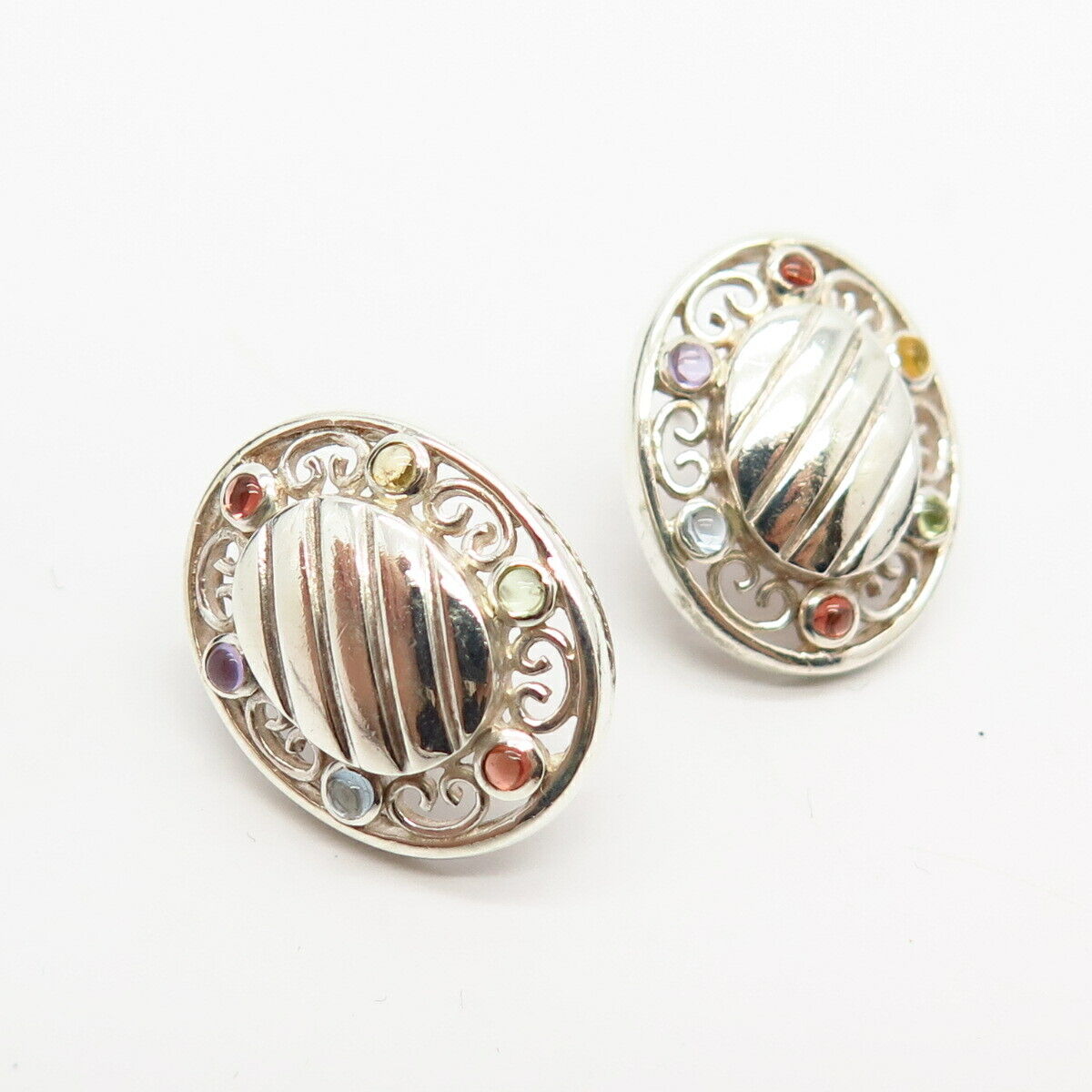 925 Sterling Silver Real Multi-Color Gem Cutout Swirl Oval Earrings