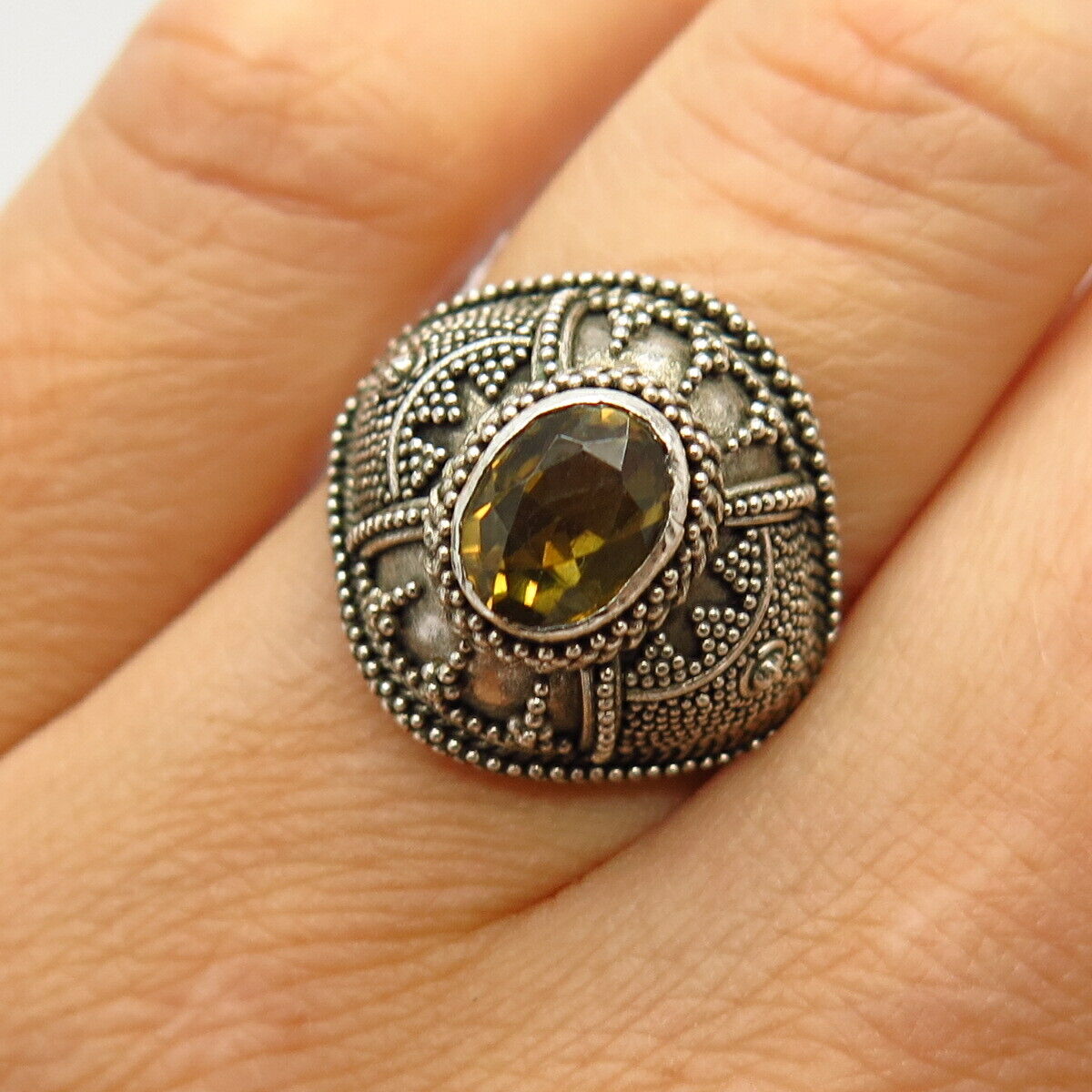 925 Sterling Silver Real Lemon Citrine Gem Ethnic Design Ring Size 6