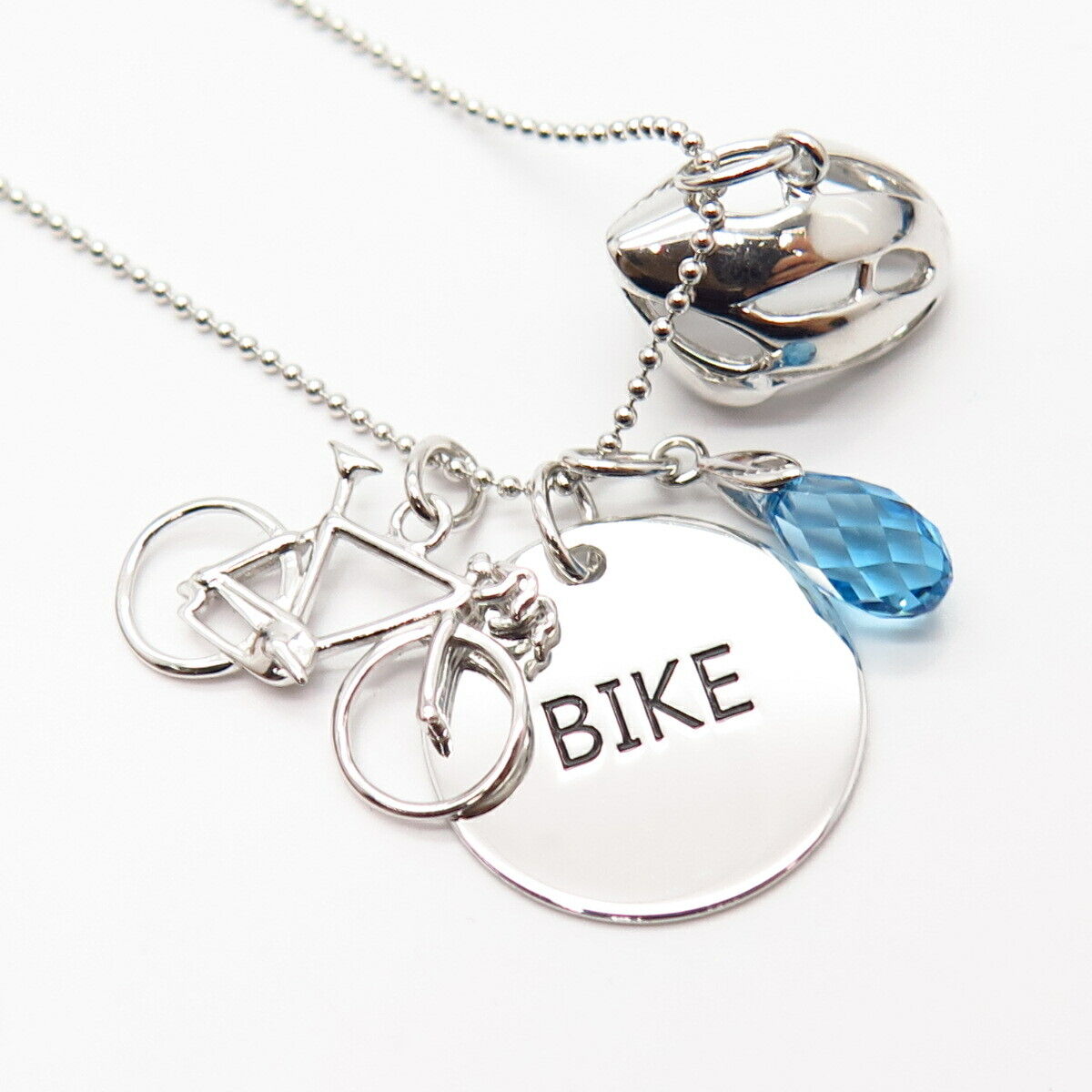 925 Sterling Silver Crystal "Bike" Sport Theme Pendant Ball Chain Necklace 18"