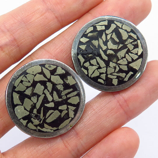 925 Sterling Silver Vintage Mexico Enamel Round Clip On Earrings