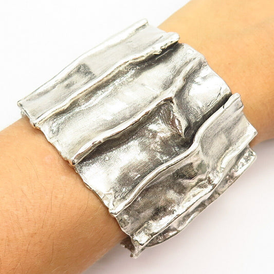 925 Sterling Silver Modernist Design Wide Massive Cuff Bracelet 7"