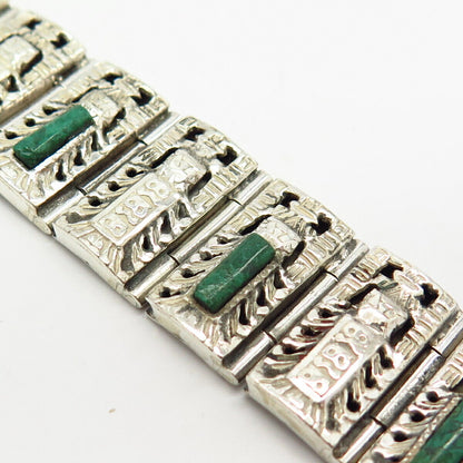 925 Sterling Silver Vintage Chrysocolla Gem Tribal Wide Link Bracelet 7 1/4"