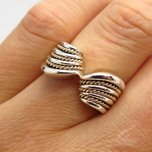 925 Sterling Silver / 10K Gold Ribbed Design Volume Ring Size 6