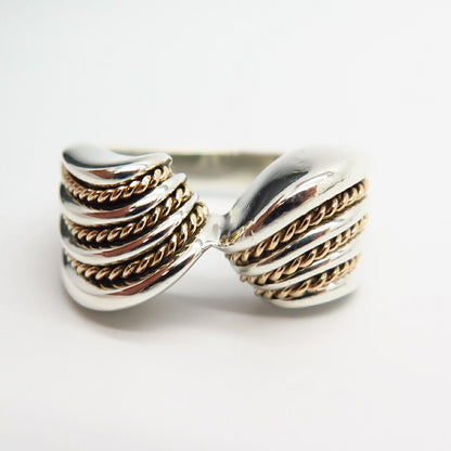 925 Sterling Silver / 10K Gold Ribbed Design Volume Ring Size 6