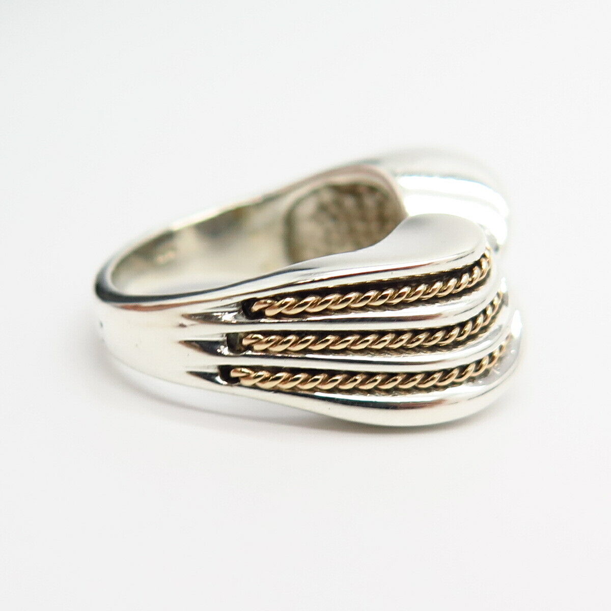 925 Sterling Silver / 10K Gold Ribbed Design Volume Ring Size 6