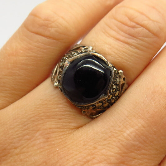 925 Sterling Silver Real Marcasite & Black Onyx Gem Wide Ring Size 5 3/4