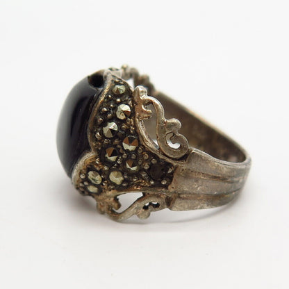 925 Sterling Silver Real Marcasite & Black Onyx Gem Wide Ring Size 5 3/4